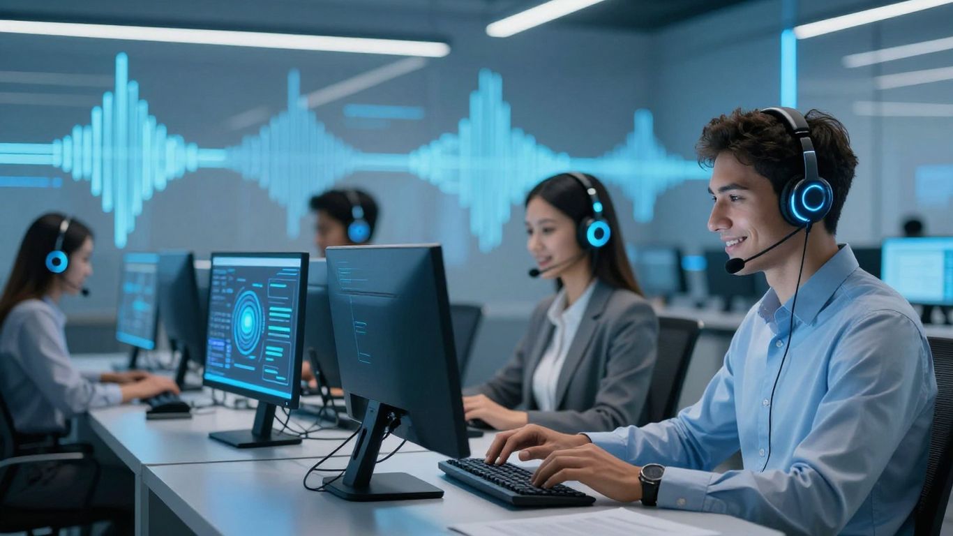 Futuristic call center agents with AI assistants visible
