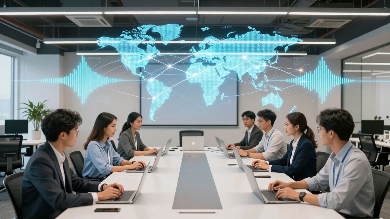 Diverse team in modern office with voice AI visualizations.