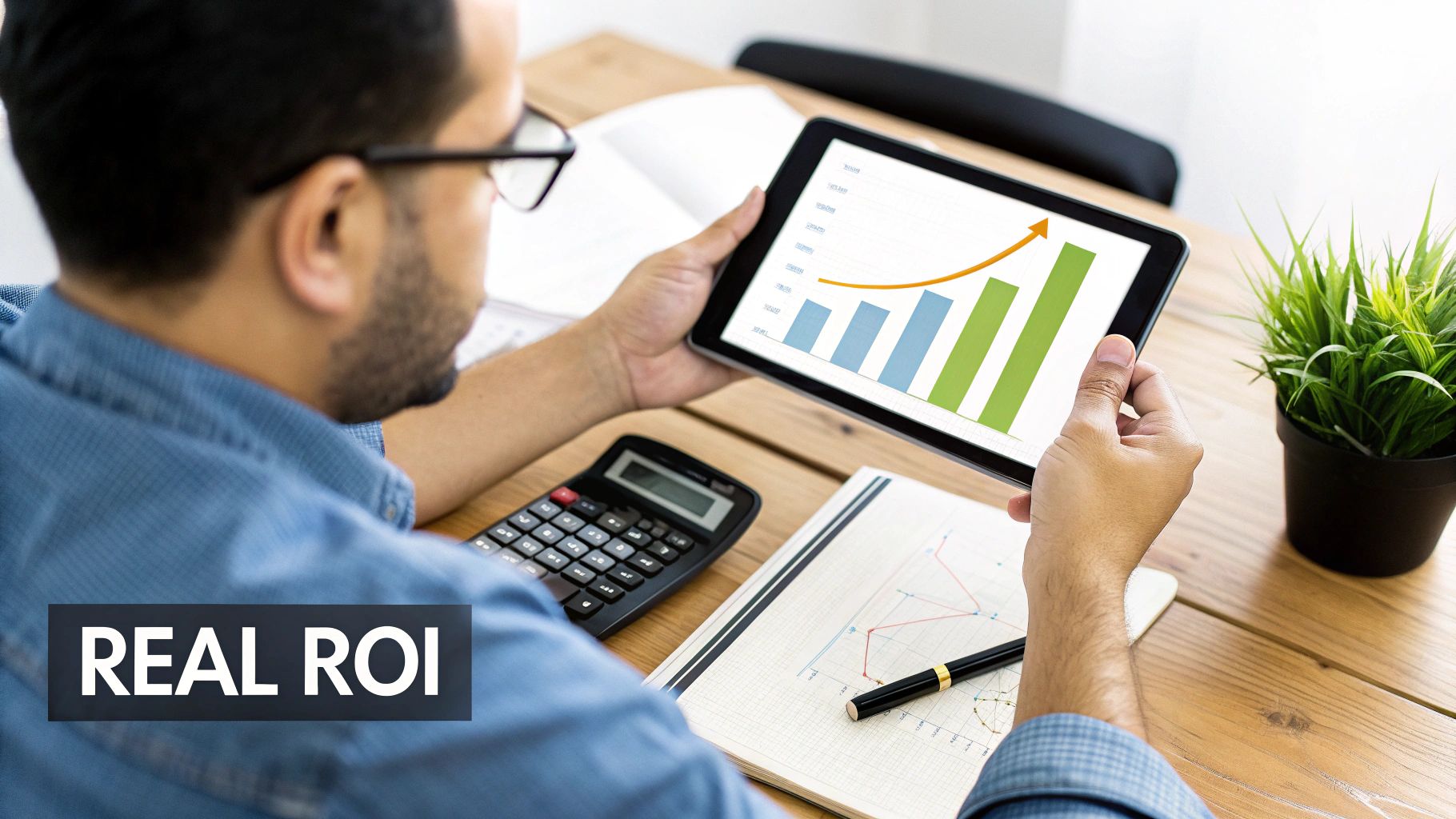 Man reviewing a tablet showing a bar graph with an upward trend, signifying business growth.