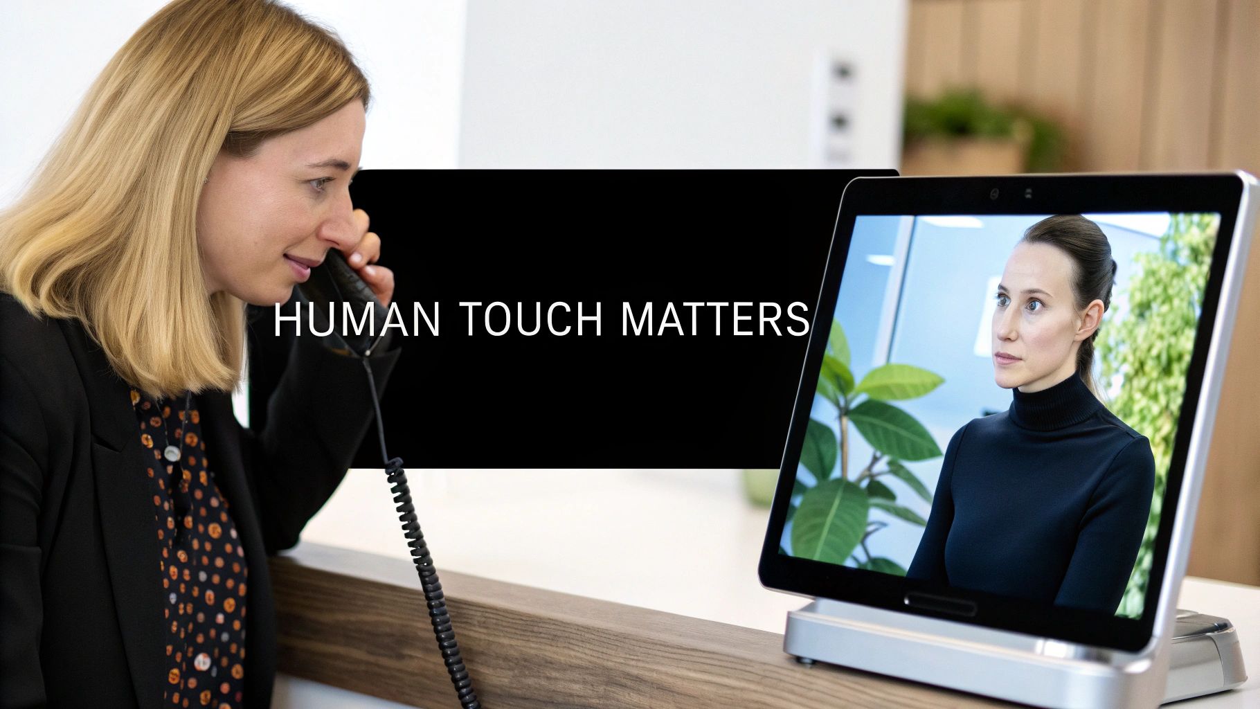 A woman speaking on a phone, with a screen showing another woman, emphasizing human communication.