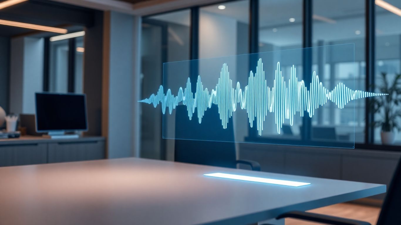 Holographic AI interface with sound waves on a desk.