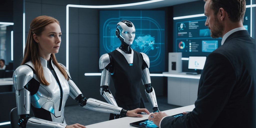 Robot receptionist with business professional in futuristic office