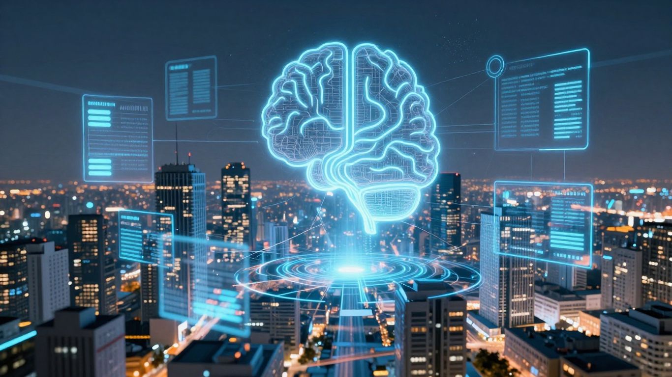 AI analyzing real estate data in a futuristic city.
