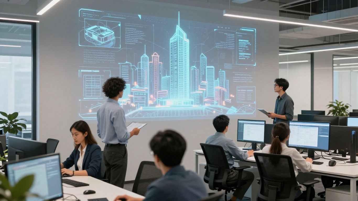 AI in real estate office with holographic city
