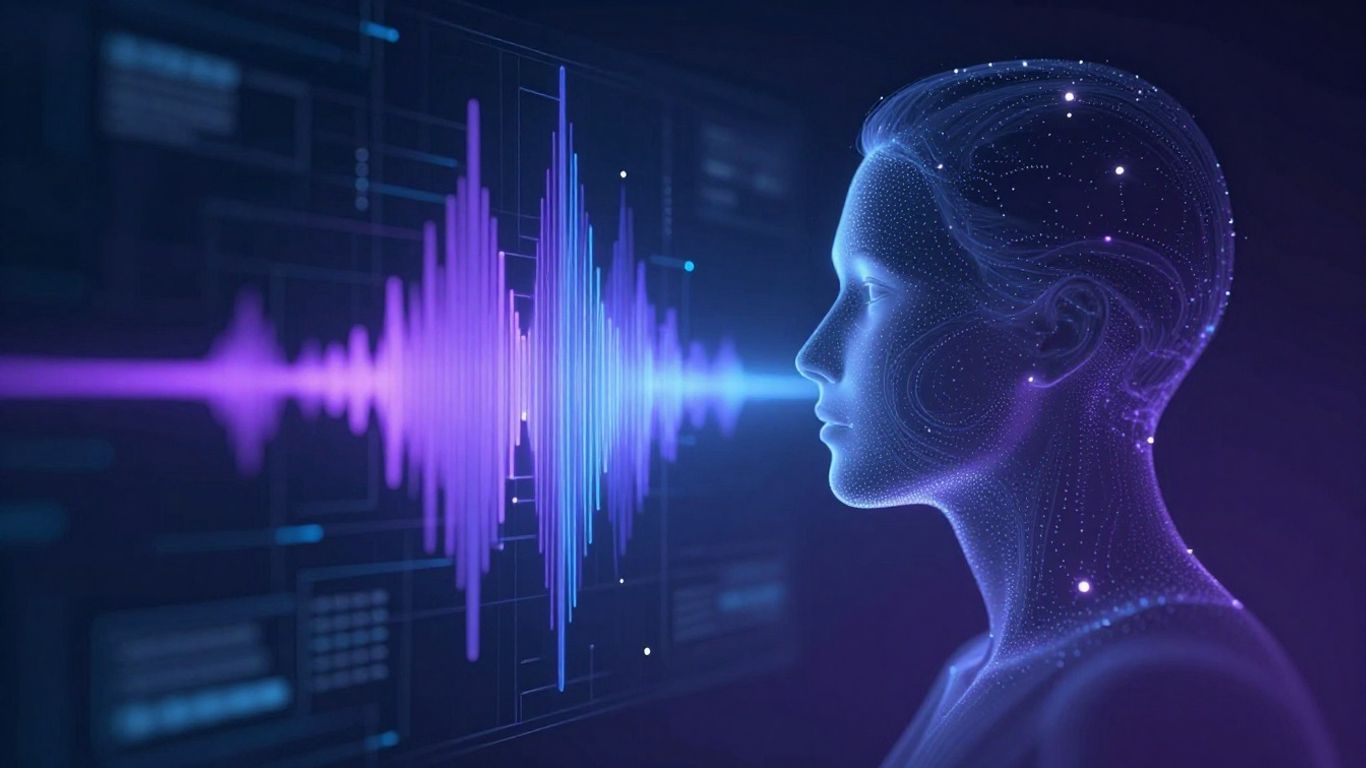 Synthflow AI voice agent interface with soundwaves and silhouette.