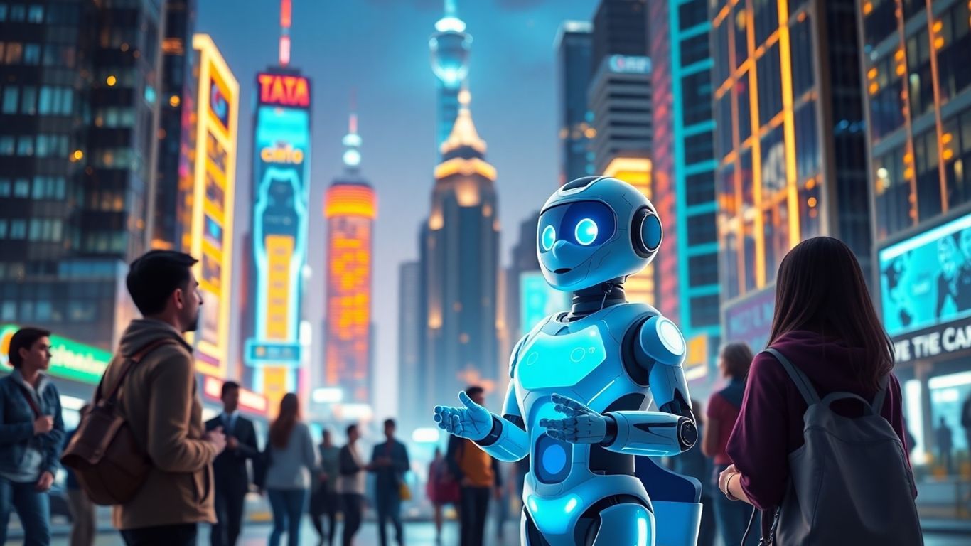 AI chatbot assisting citizens in a modern city.