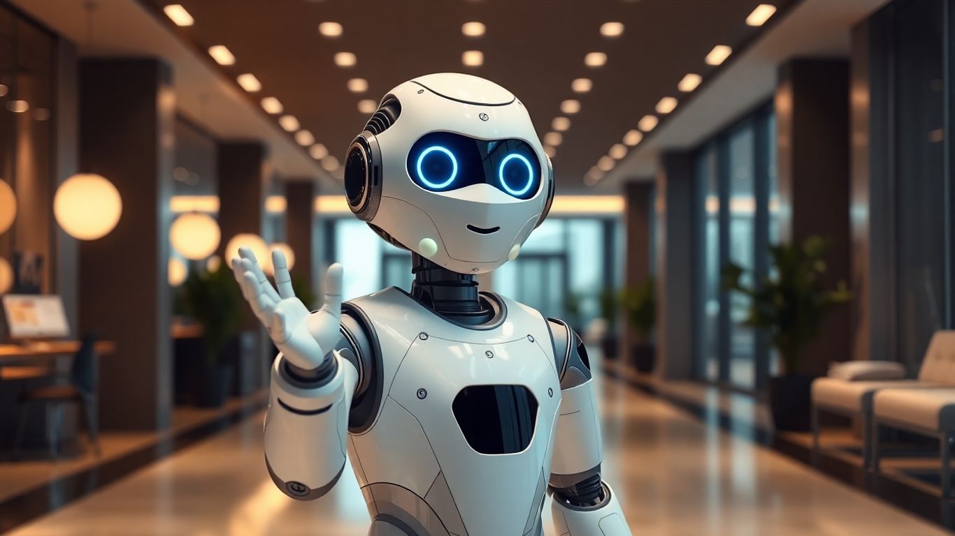 AI robot receptionist in a modern office lobby.