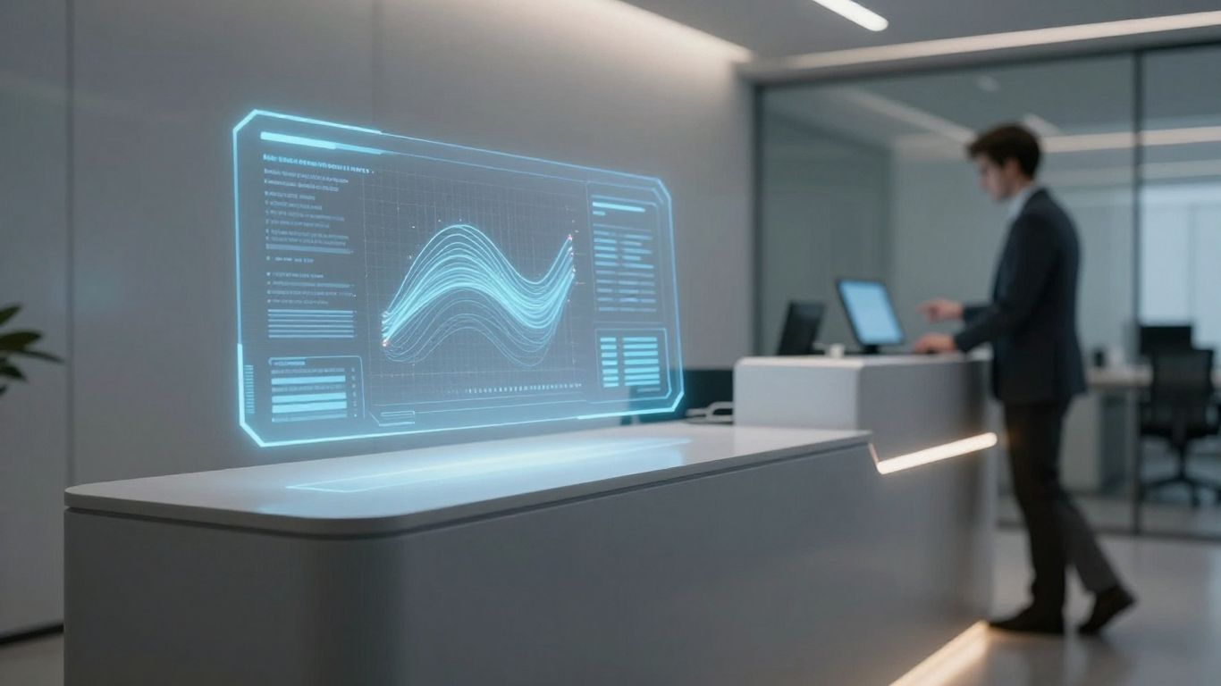 Futuristic office reception with holographic interface.