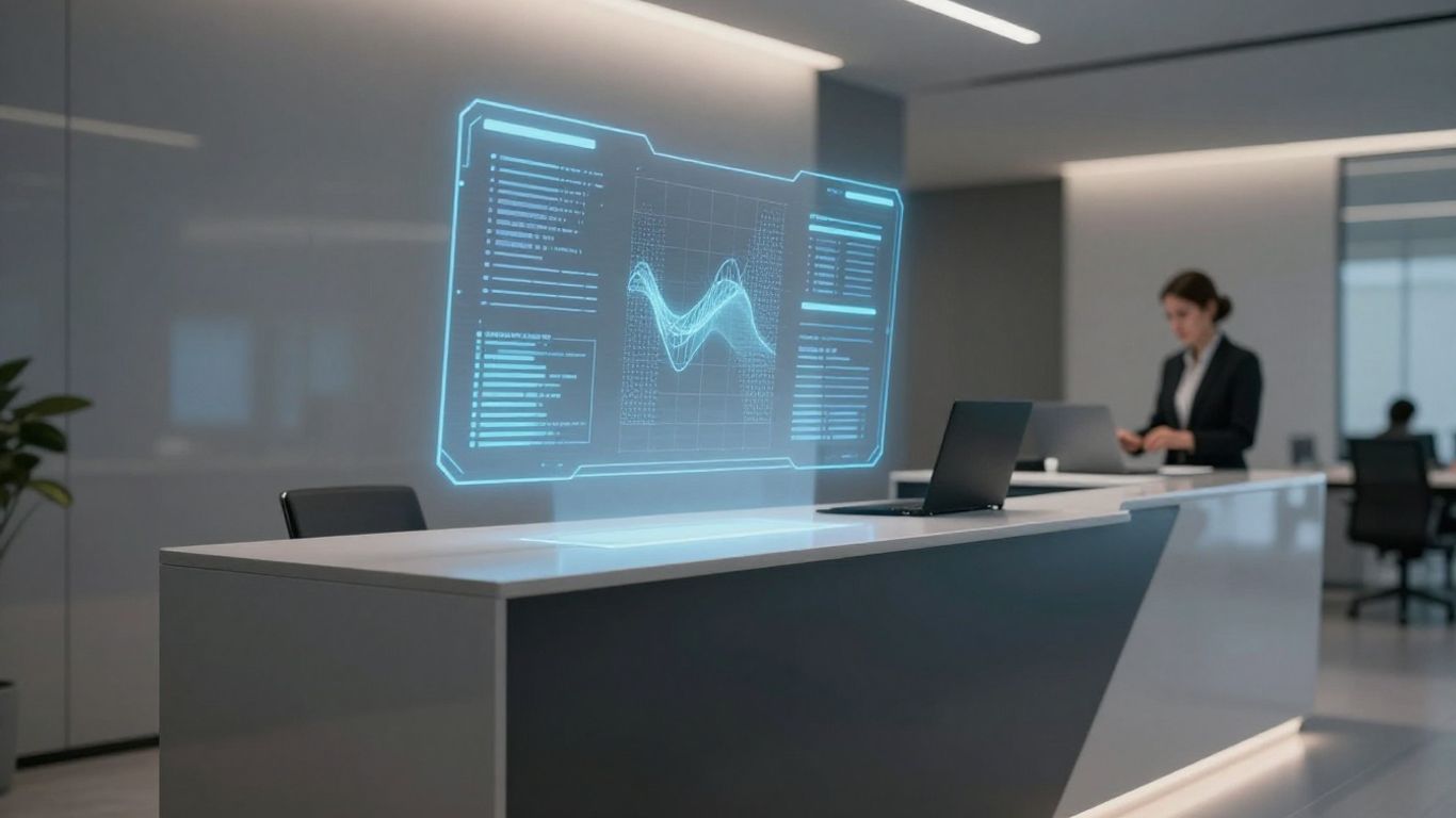 Futuristic reception desk with holographic interface in modern office.