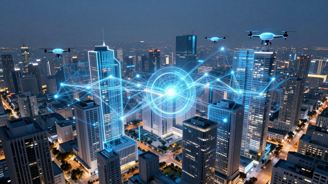 AI and real estate technology integration in a cityscape.