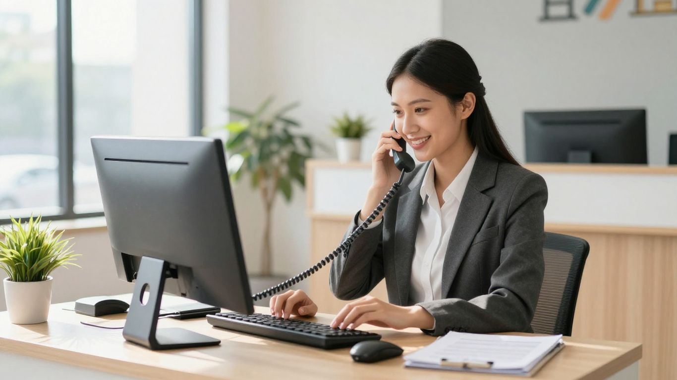 Receptionist answering phone in a modern office.