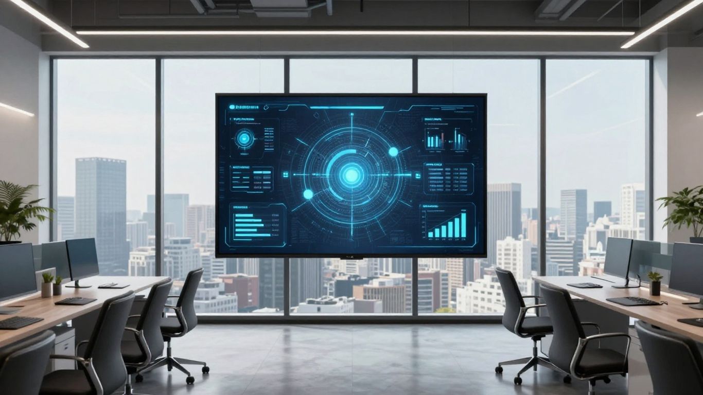 Modern office with digital displays, suggesting AI in real estate.