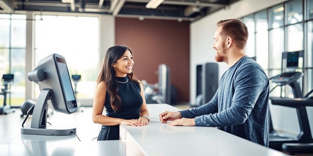 AI receptionist helping a gym member.