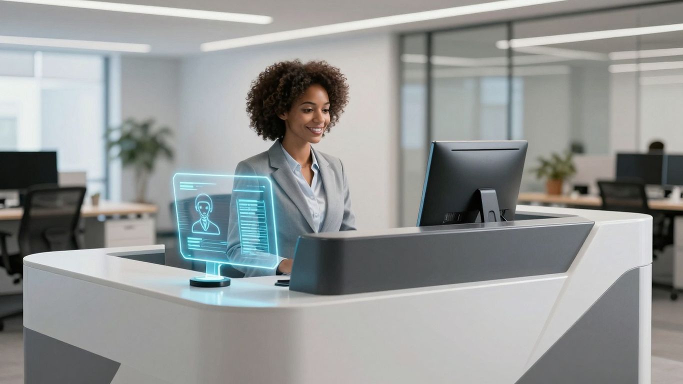 AI receptionist interface at a modern desk.