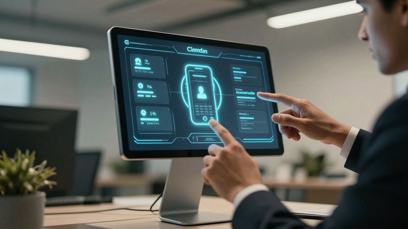 Futuristic phone system interface with a hand interacting.