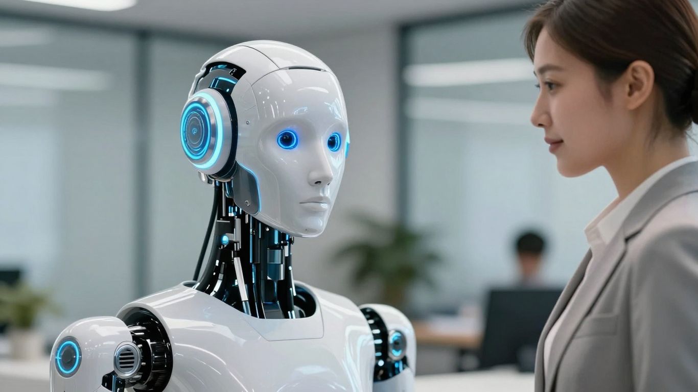 AI robot receptionist head next to human receptionist in office.