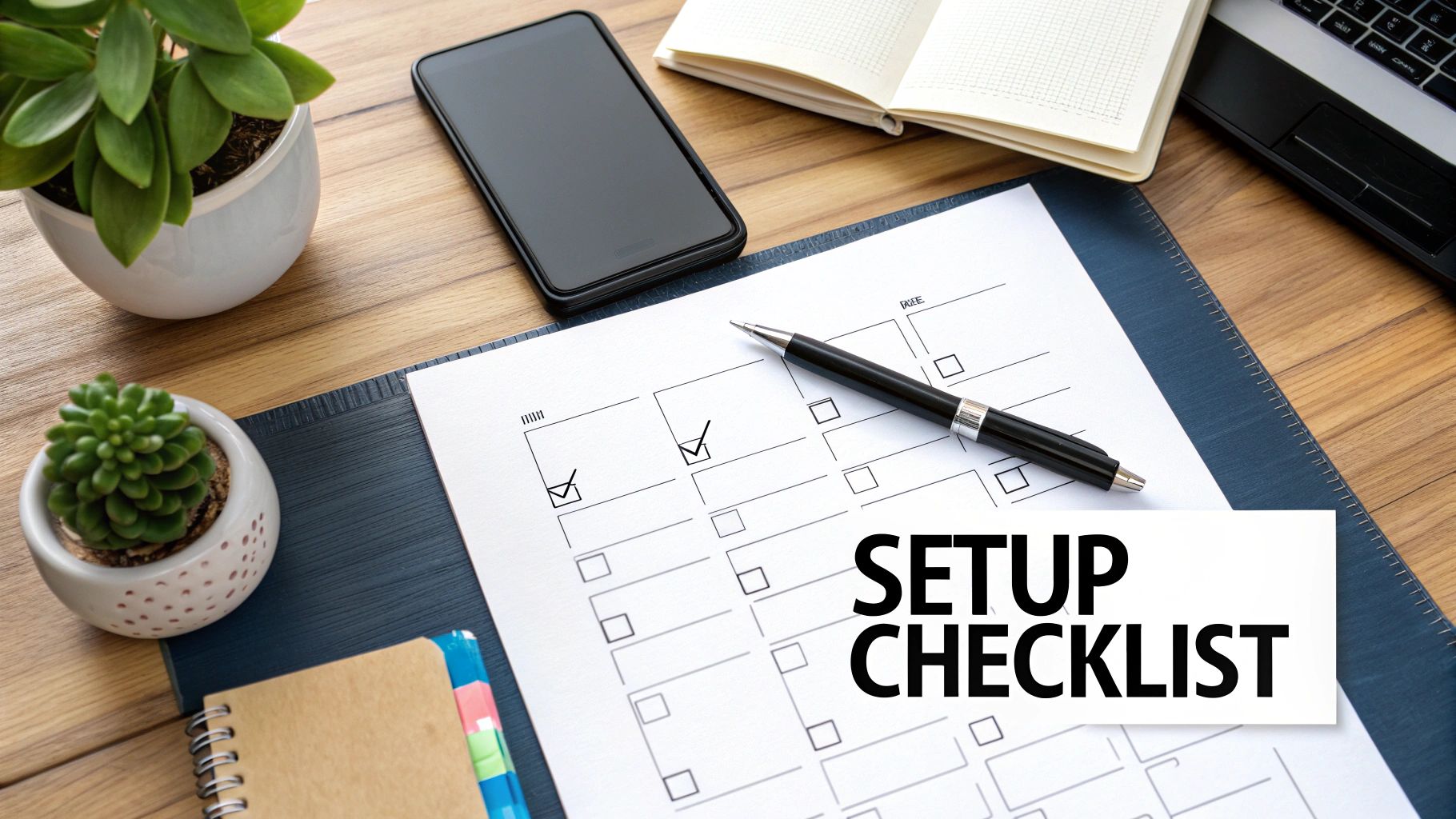 Overhead view of a wooden desk with a 'SETUP CHECKLIST' document, pen, phone, plants, and laptop.