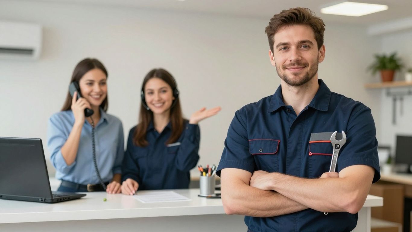 Plumber and customer service representative discussing plumbing services.