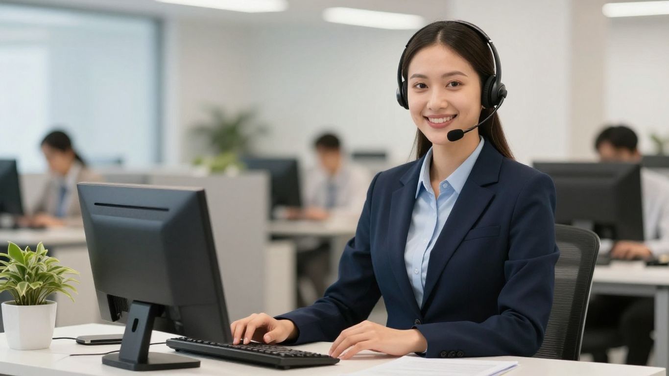Professional receptionist with headset in an office.