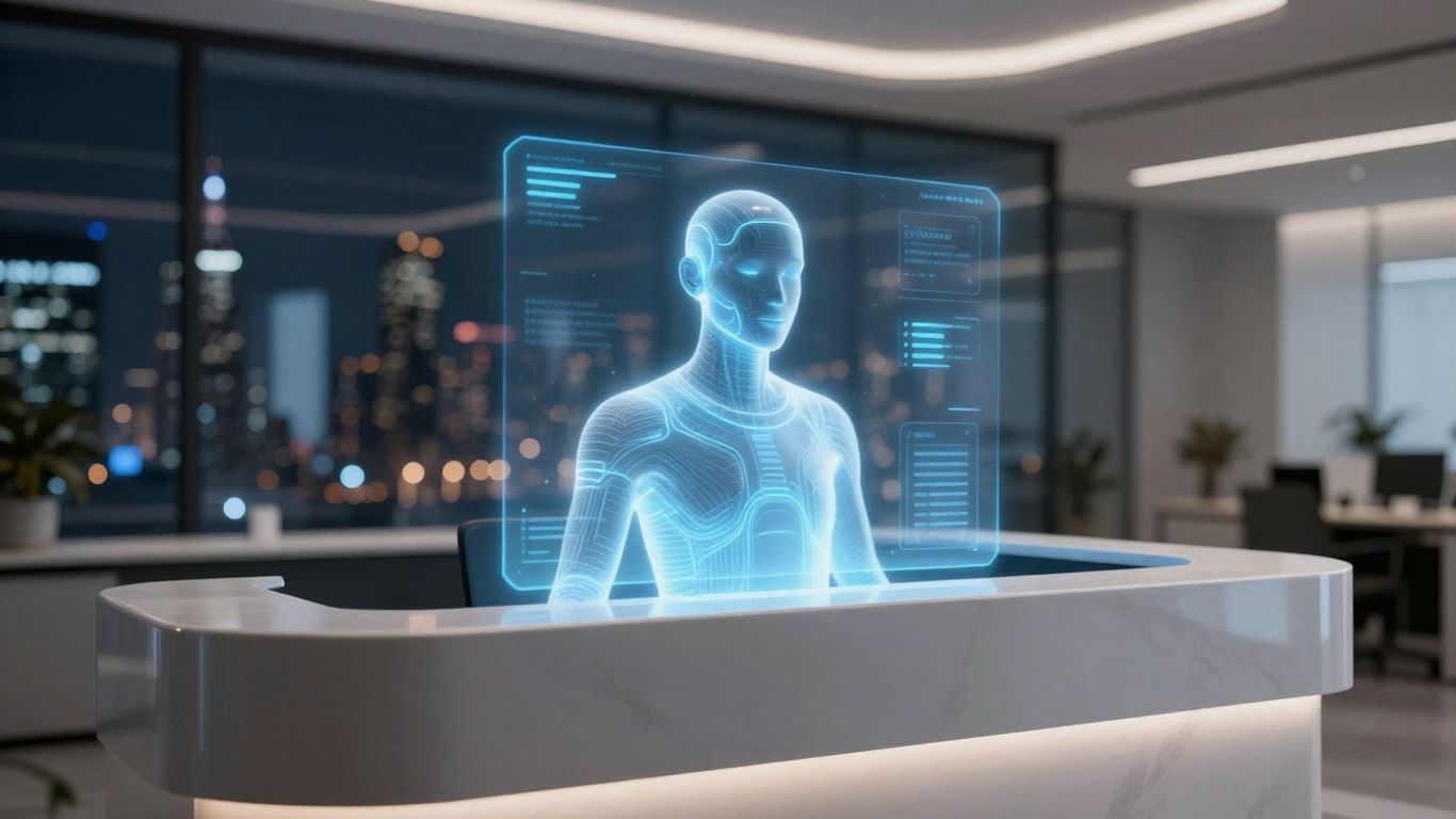 AI receptionist interface in a modern office.
