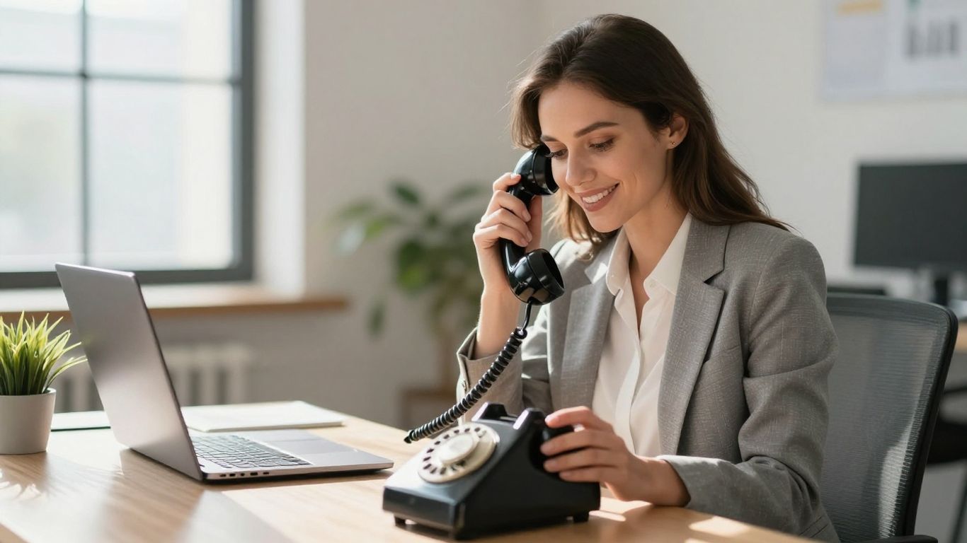 Professional woman with vintage phone in modern office.