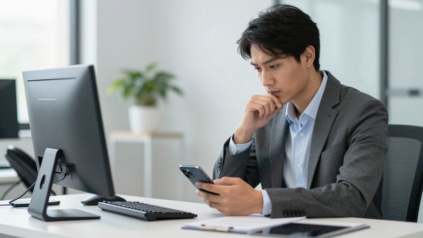 Business person with phone, considering answering services.