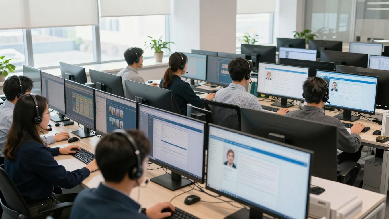 Virtual call center agents working efficiently with headsets and monitors.