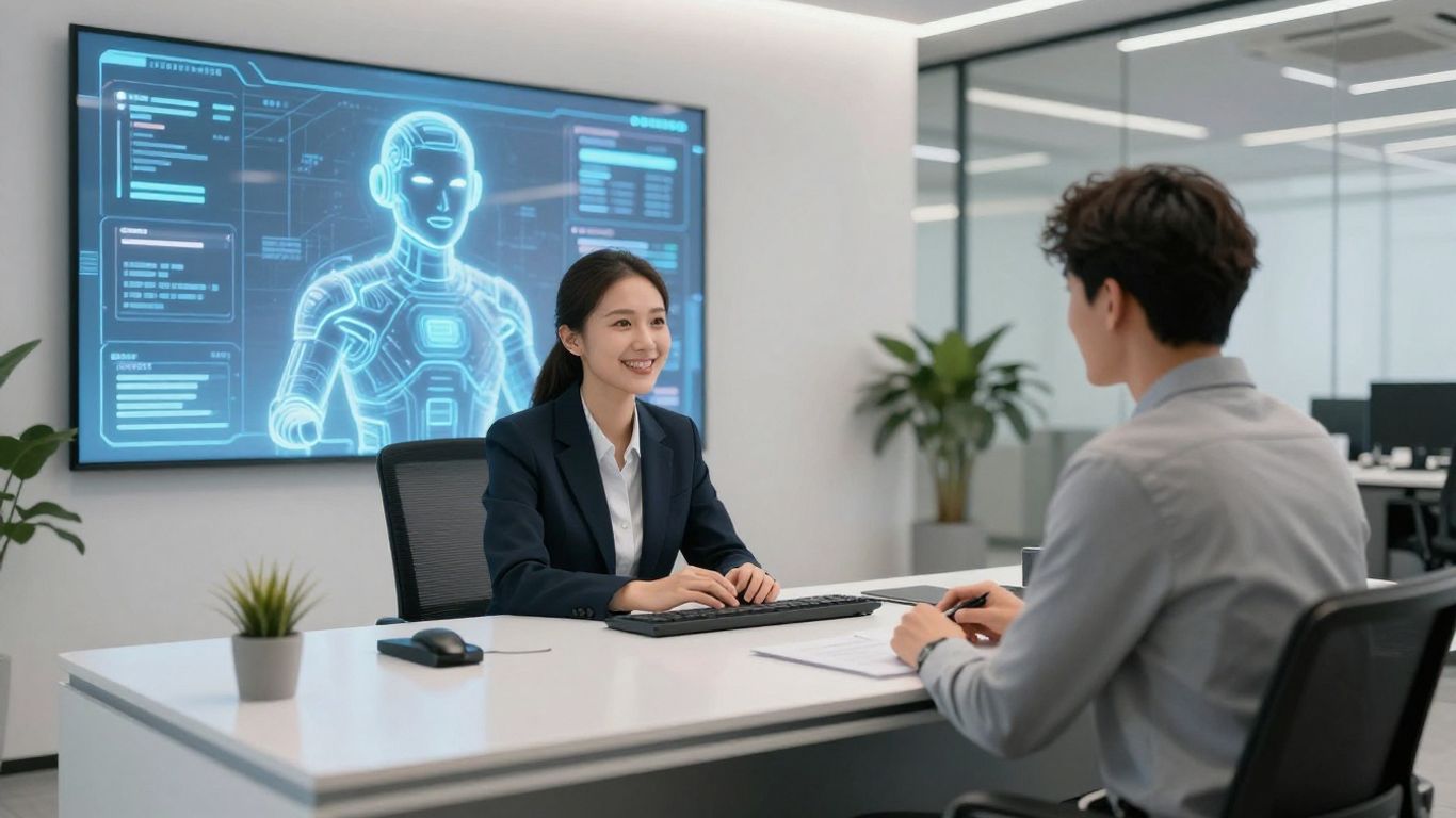 AI receptionist avatar in a modern office reception area.