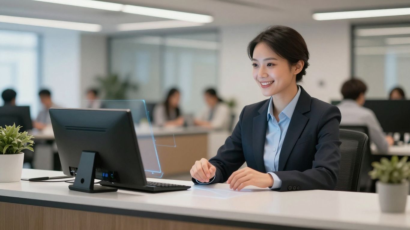 AI receptionist avatar in a modern office setting.