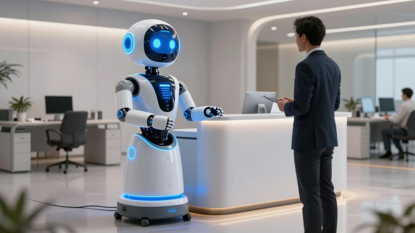 AI receptionist assisting a client in a modern office.