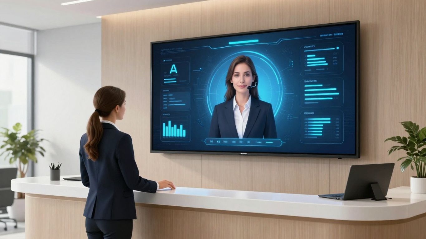 AI receptionist interface in a modern office setting.