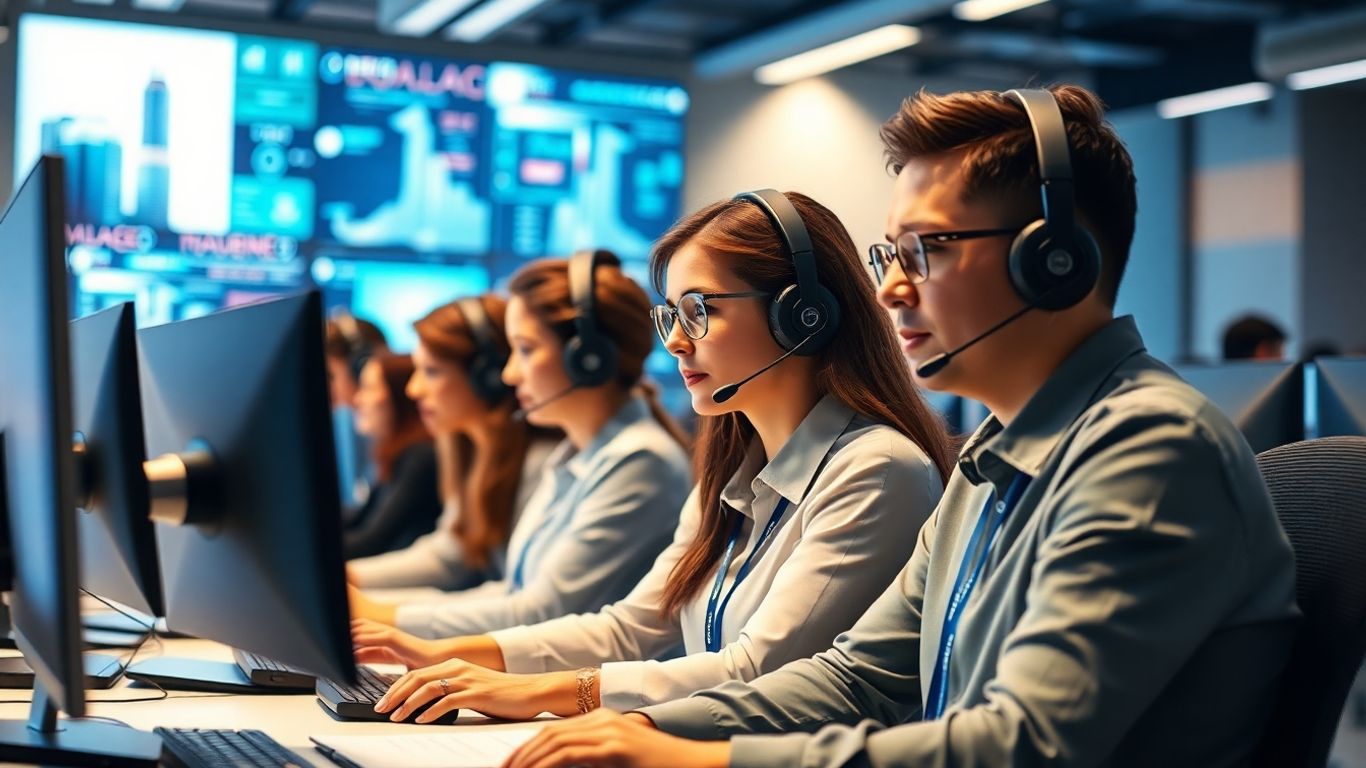 Modern US call center team in high-tech office