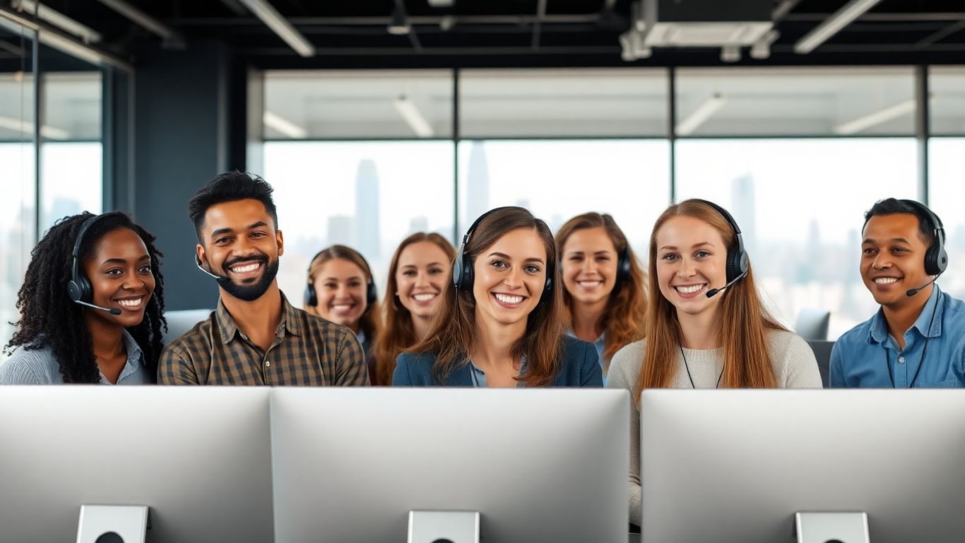 Call center team working in modern American office