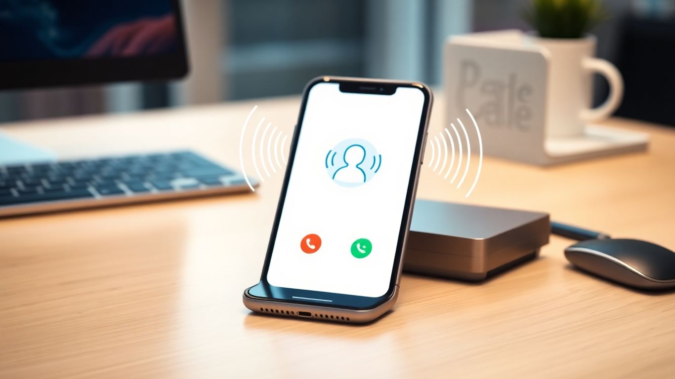 Smartphone with professional call interface and sound waves.