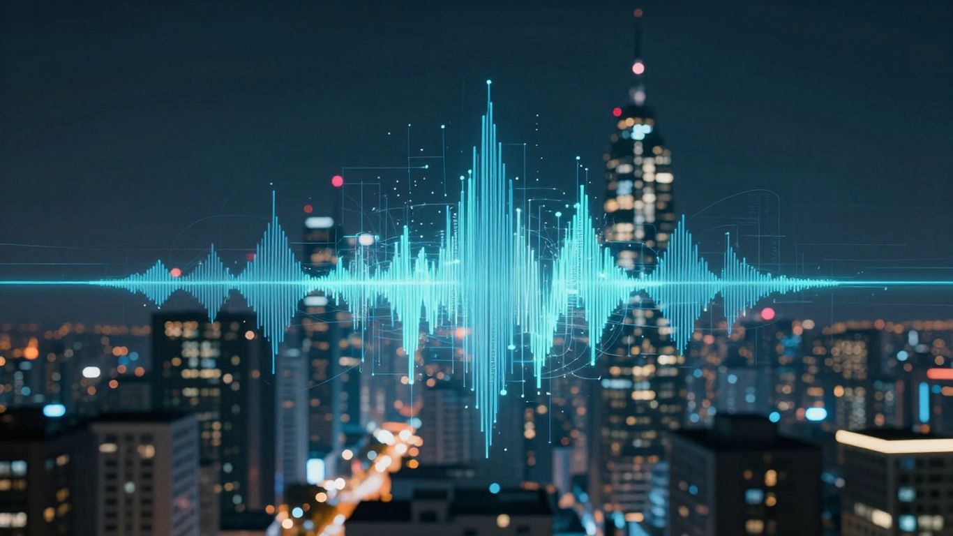 Futuristic cityscape with data streams and audio waves.