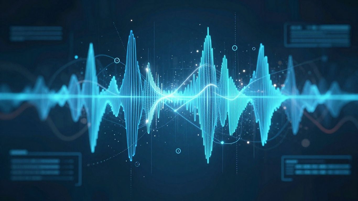 Voice AI technology with sound waves and digital interfaces.