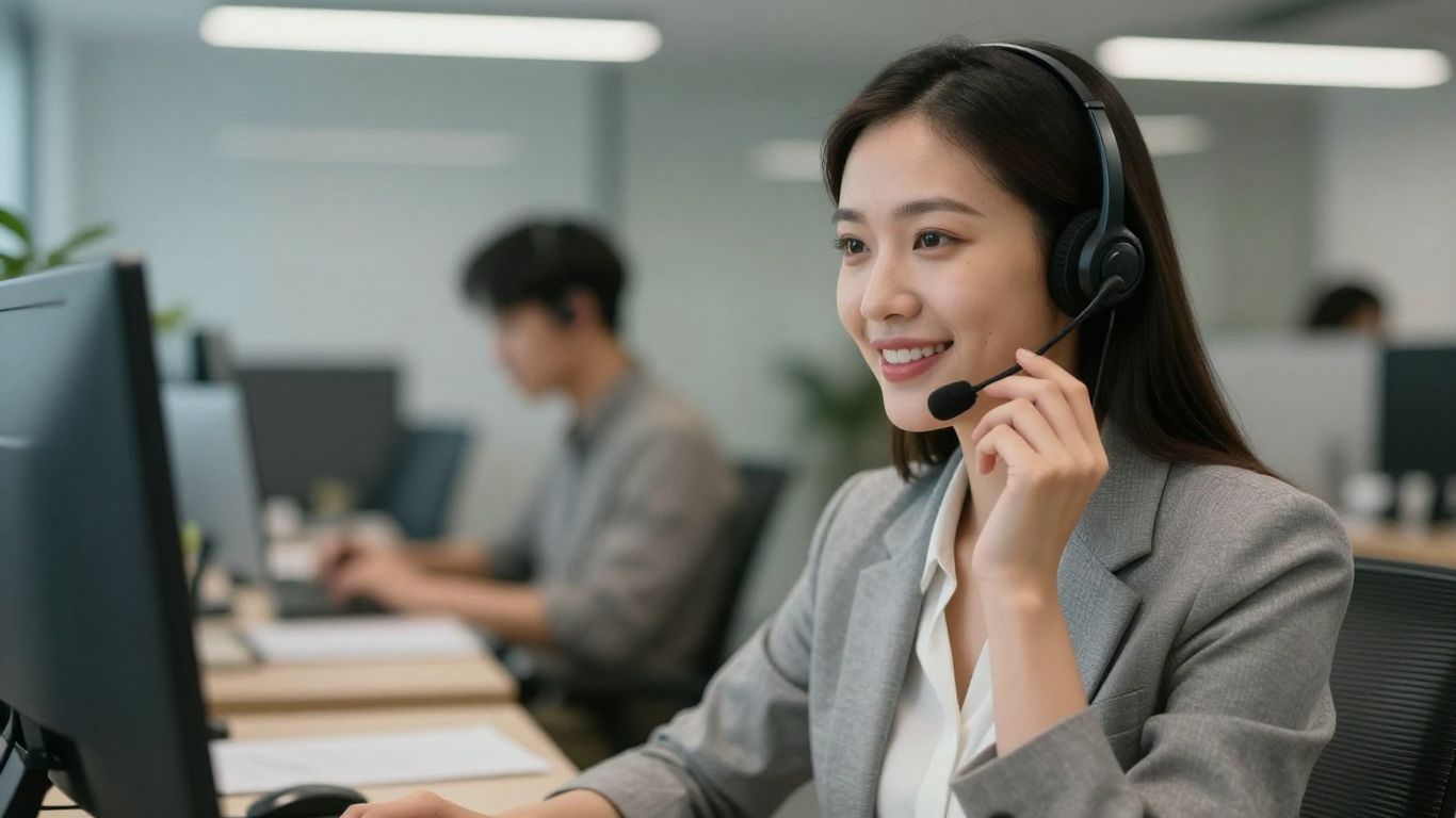 Professional receptionist with headset in office