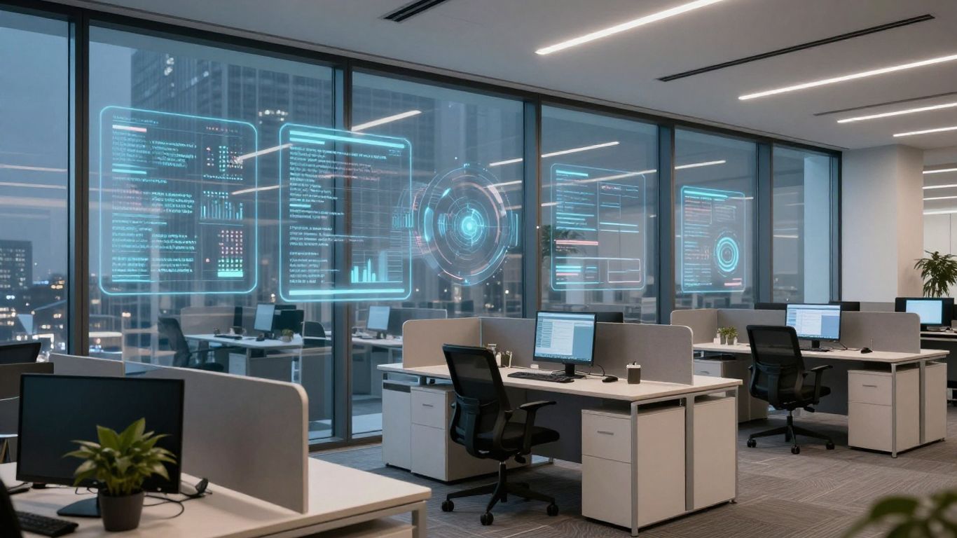 Modern office interior with integrated digital interfaces.