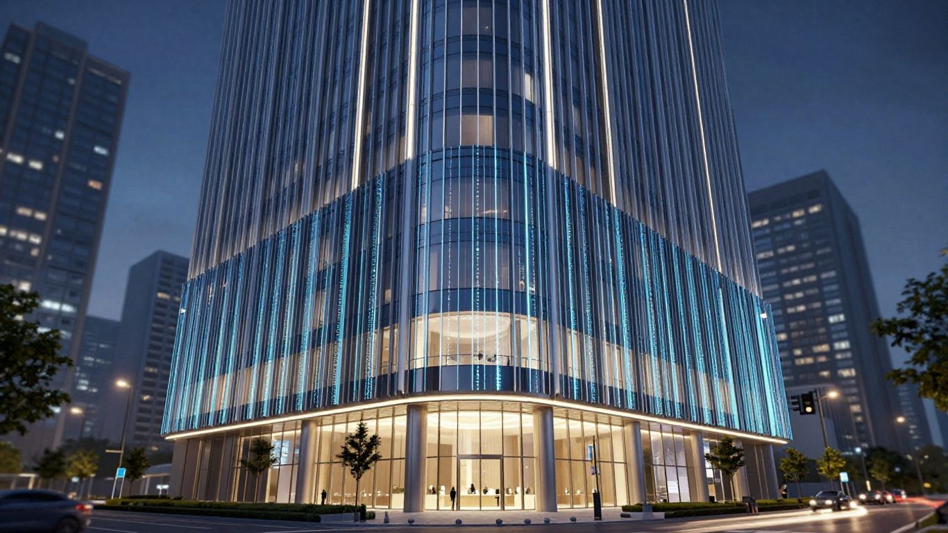 Modern office building with digital data streams.