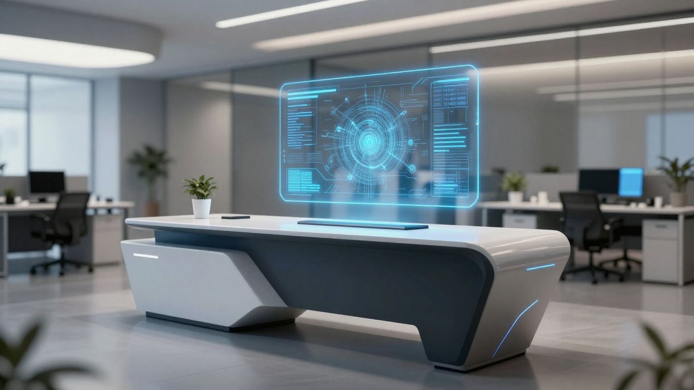 AI receptionist interface hovering over a modern office desk.