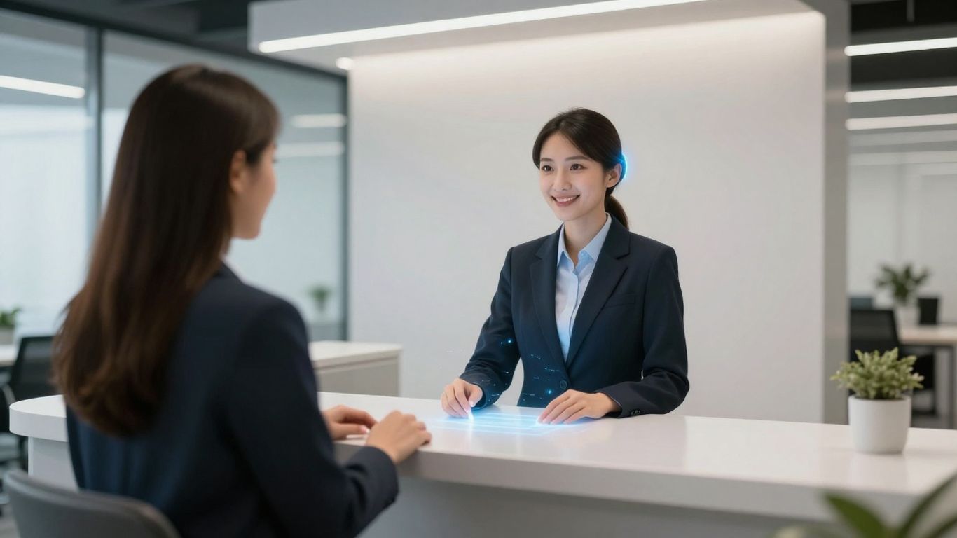 AI receptionist assisting a visitor in a modern office.
