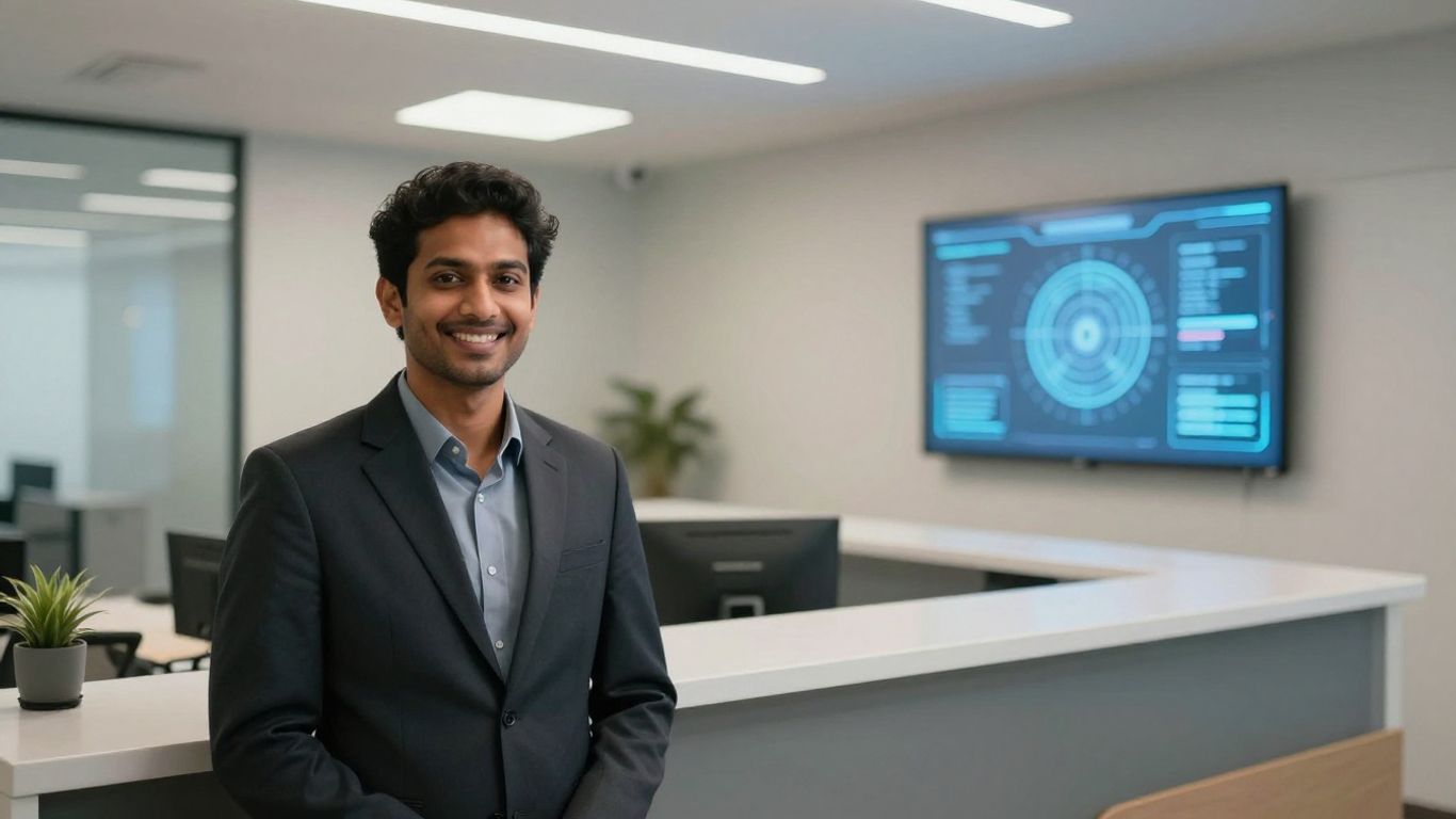 AI assistant helping a receptionist at a modern front desk.