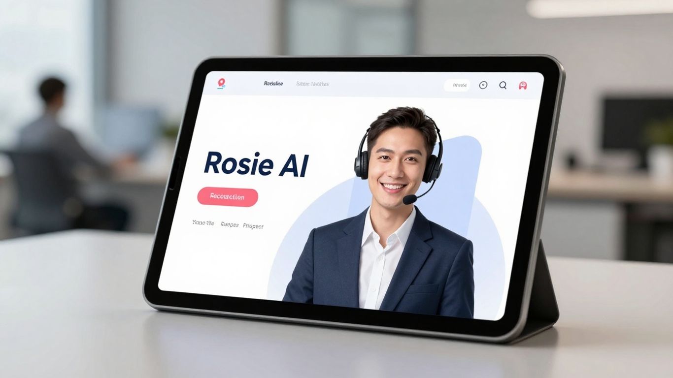 Rosie AI virtual receptionist interface on a tablet.