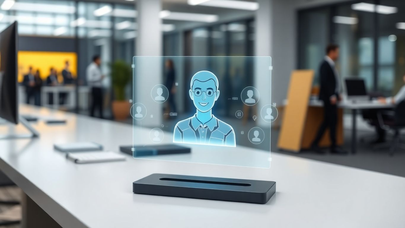 AI receptionist interface with holographic avatar in a modern office.