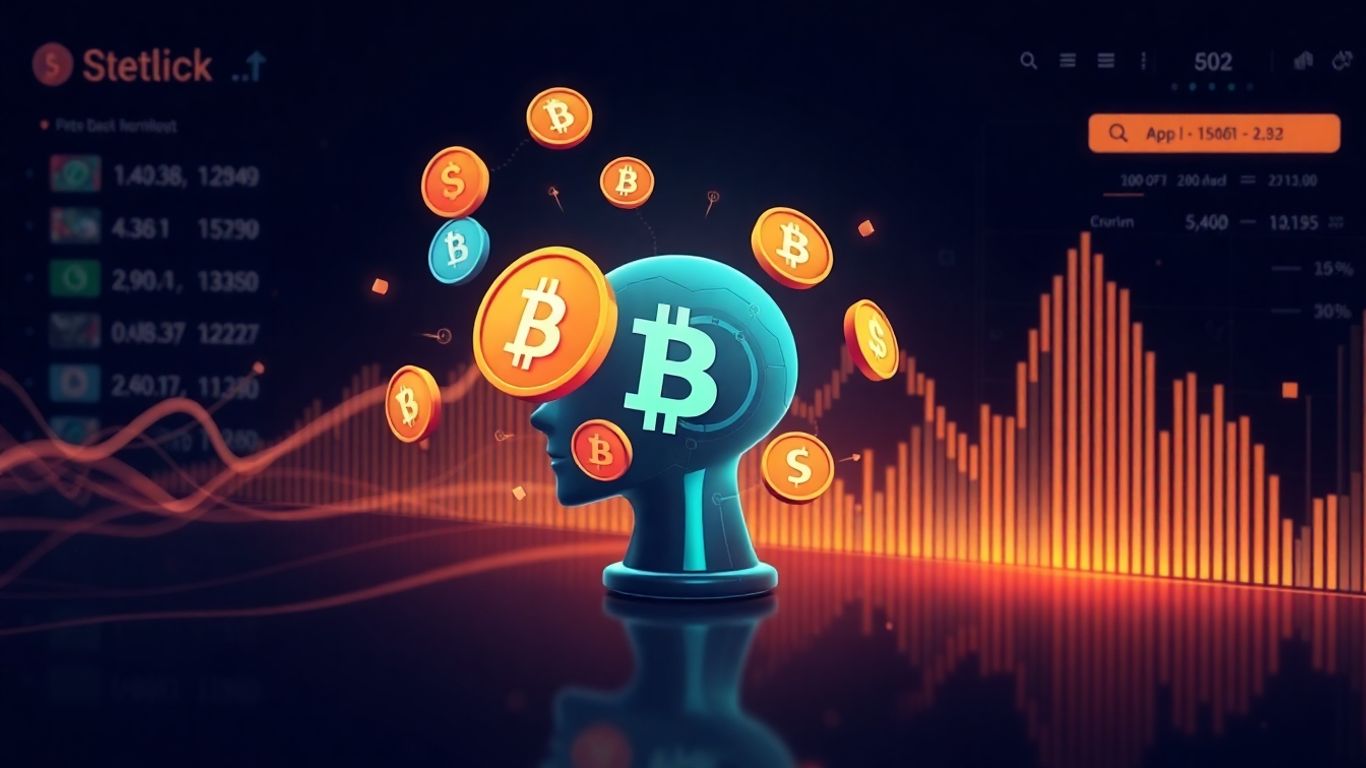 Bitsgap cryptocurrency trading interface with robot and digital currency icons.