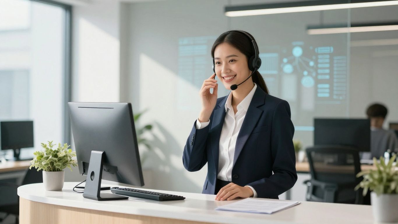 Virtual receptionist smiling with headset in modern office.
