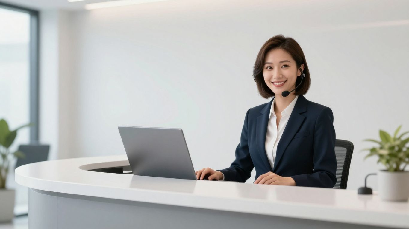 Virtual receptionist avatar on a screen in an office.