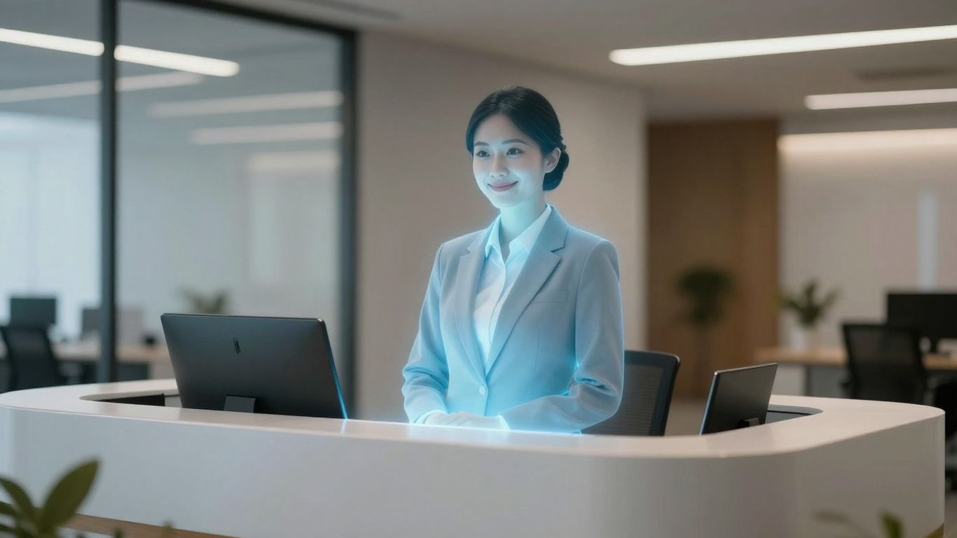 Holographic AI receptionist assisting in a modern office.