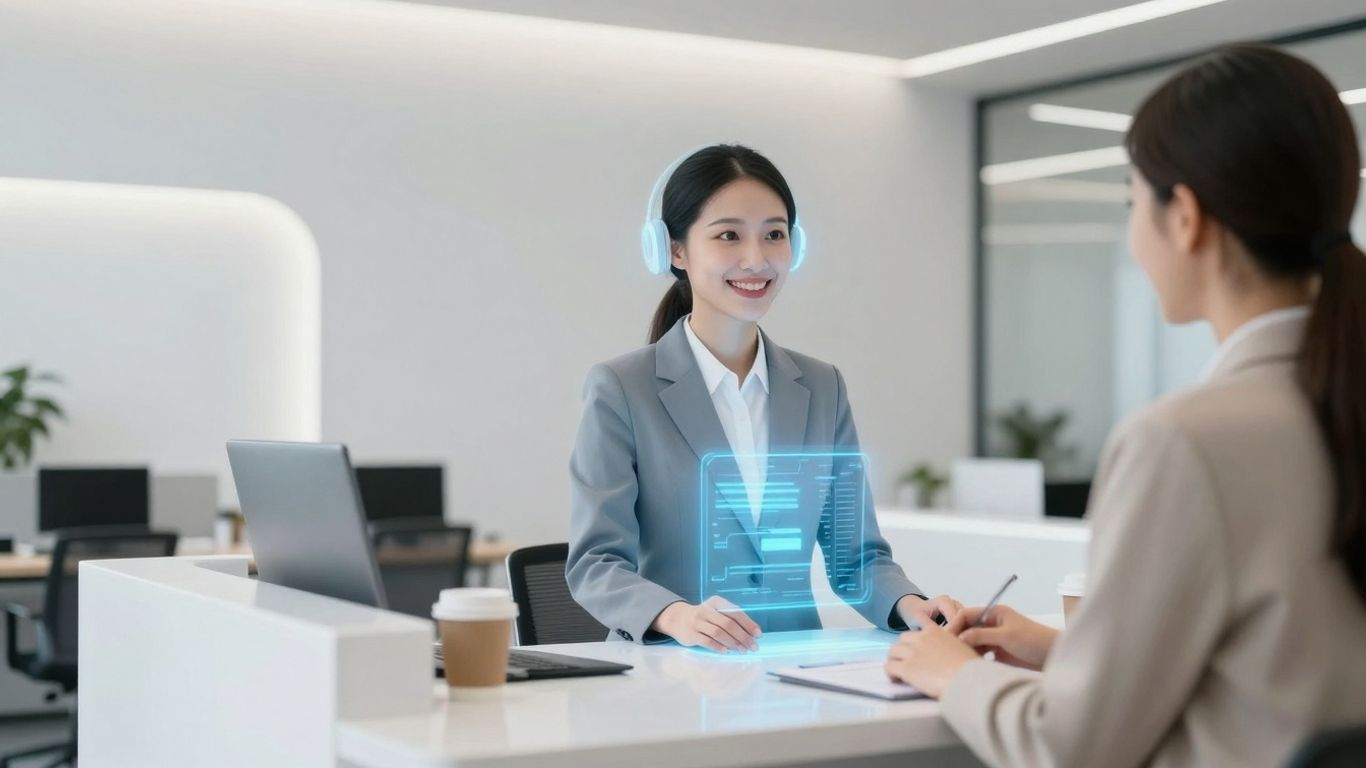 AI receptionist avatar in a modern office setting.