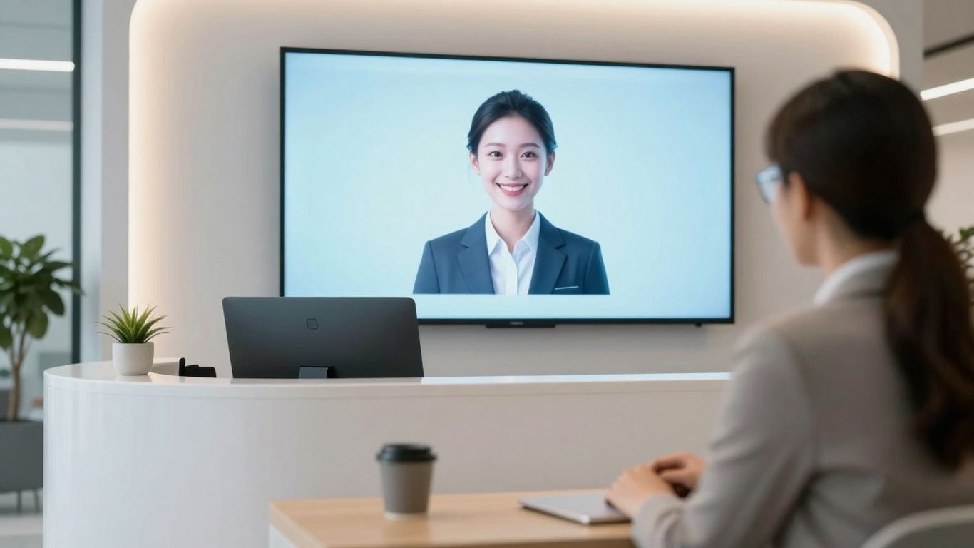 AI receptionist avatar in a modern office setting.
